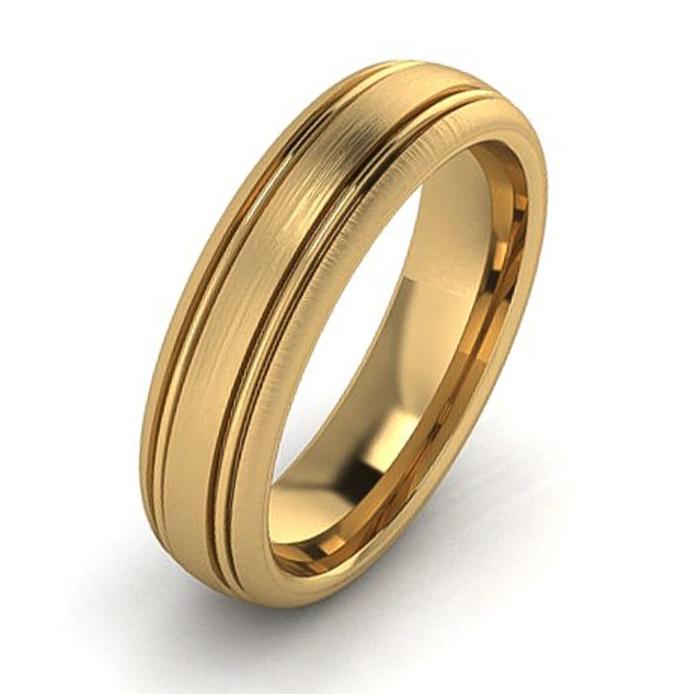 Double line edge men's wedding band by Lester Lampert, sleek polished ring with modern minimalist design