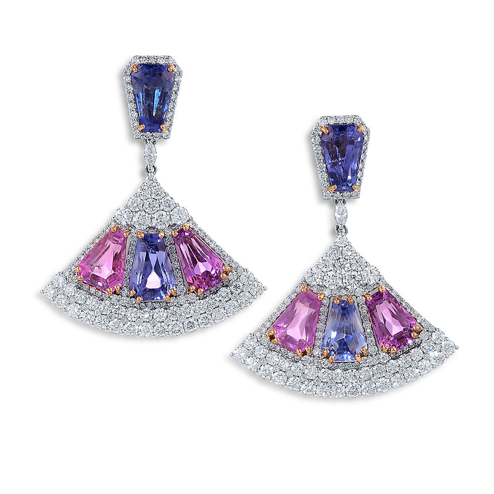 Fan Shaped Blue and Pink Sapphires Diamond Earrings