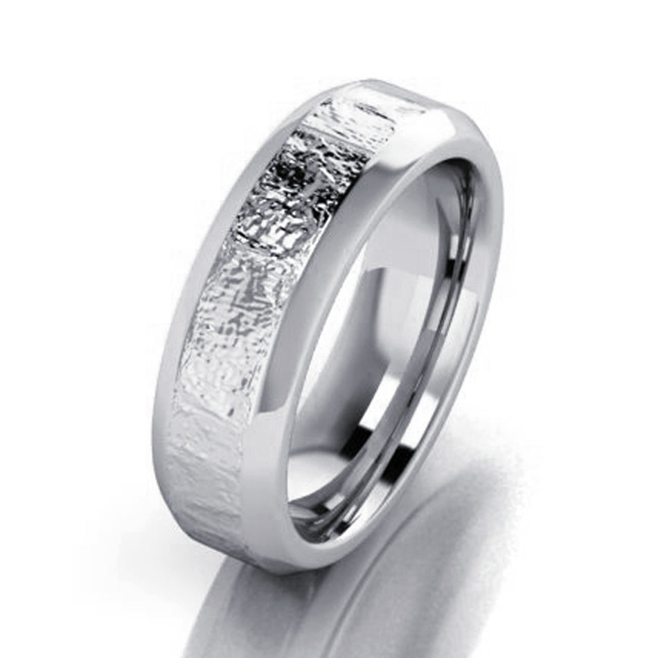 Hammered and beveled band wedding ring, textured metal design, handcrafted by Lester Lampert