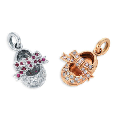 Image of Platinum and Rose Gold Ribbon Shoes with Rubies and Diamonds Charm Pendants