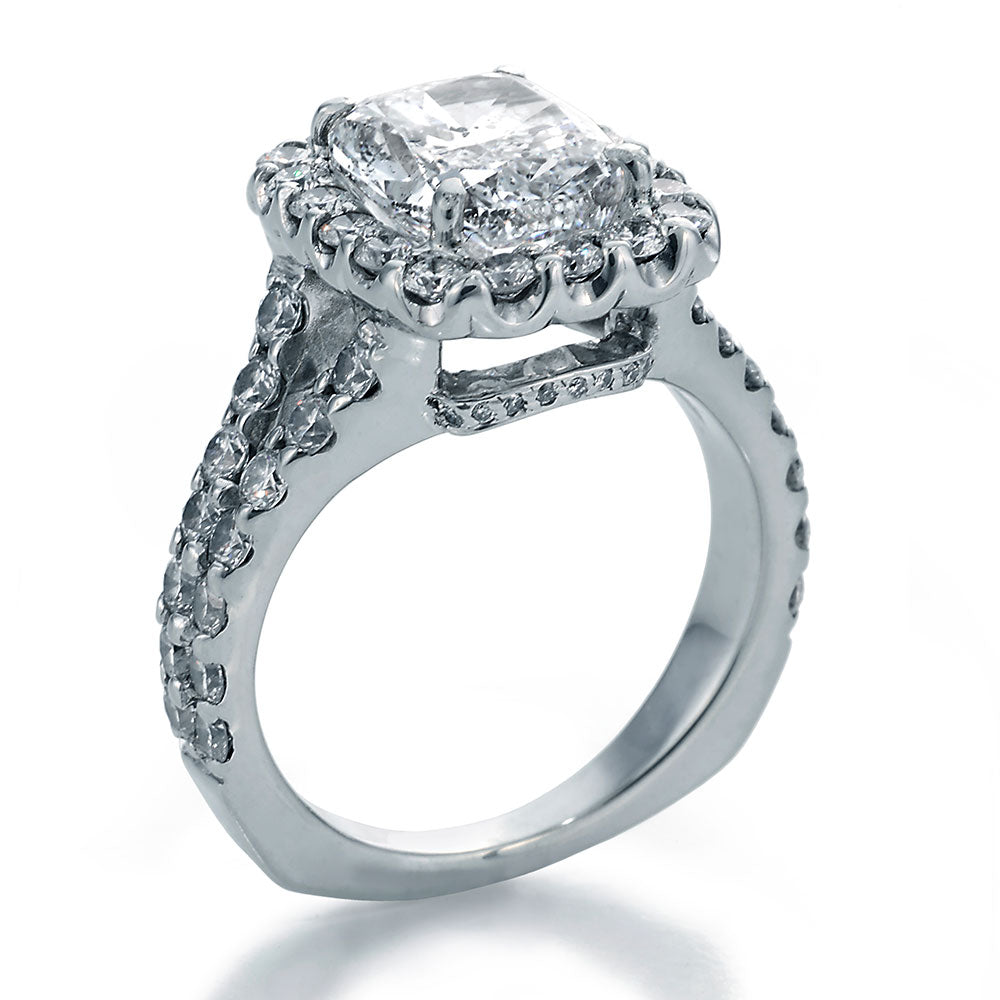 Side View Image of Cushion Cut Center Diamond in Halo Style Setting with Round Diamonds Engagement Ring