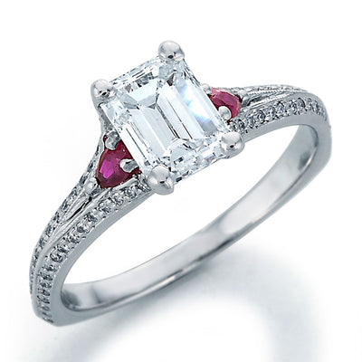 Image of Emerald Cut Center Diamond with Pear Shape Rubies and Ideal Cut Round Diamond Accents Engagement Ring