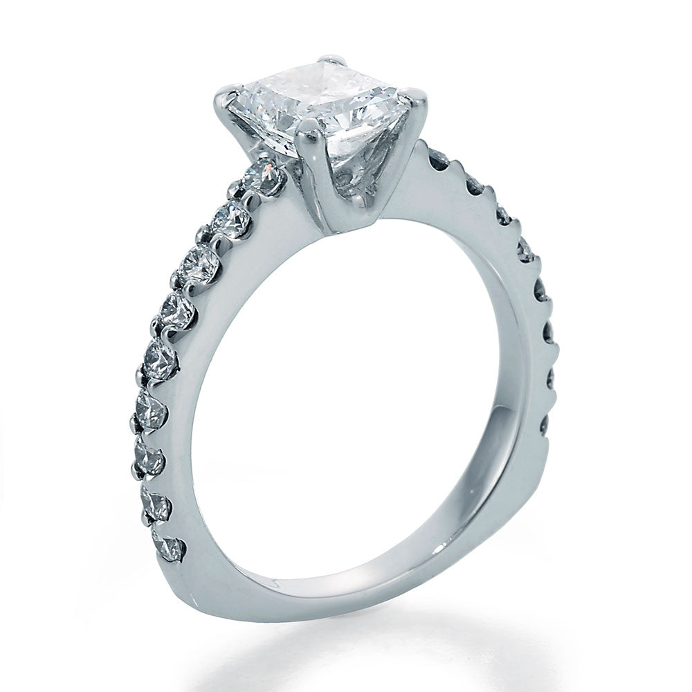 Side View Image of Radiant Center and Ideal Cut Round Accent Diamonds Engagement Ring