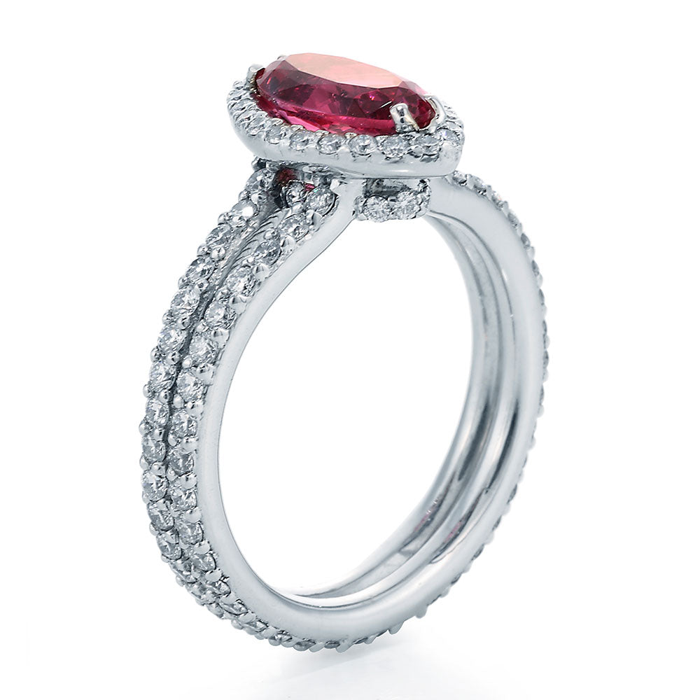 Side View Image of Oval Pink Spinel and Ideal Cut Round Accent Diamonds on Split Shank Ring