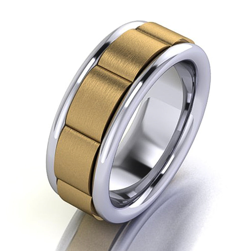 Two-tone sectioned men's wedding band in gold and white, modern textured design by Lester Lampert