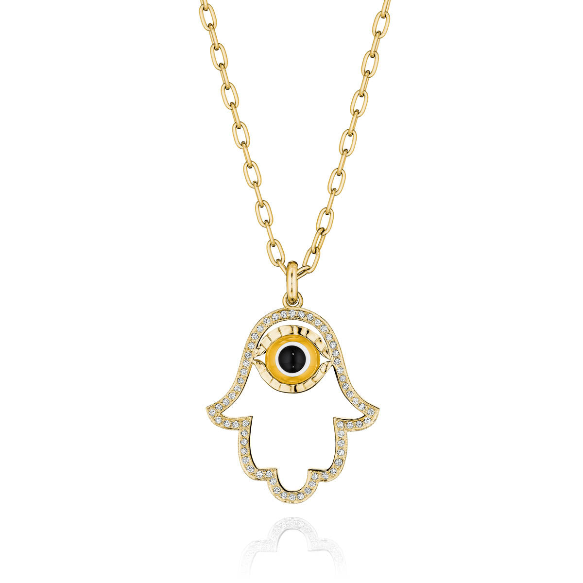 Citrine yellow gold open-frame diamond Hamsa necklace with lucky eye pendant