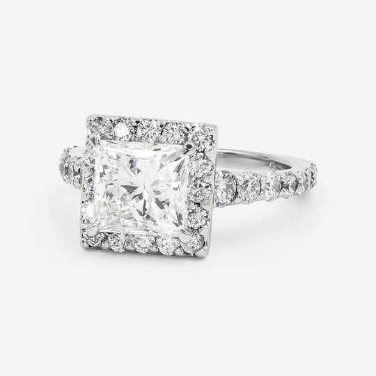 Image of Princess Cut and Halo Set Platinum and Diamond Ring Front Side