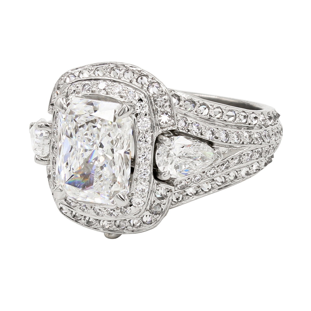 Image of Radiant Cut Diamond and Platinum Ring with Interchangable Side Stones Side View