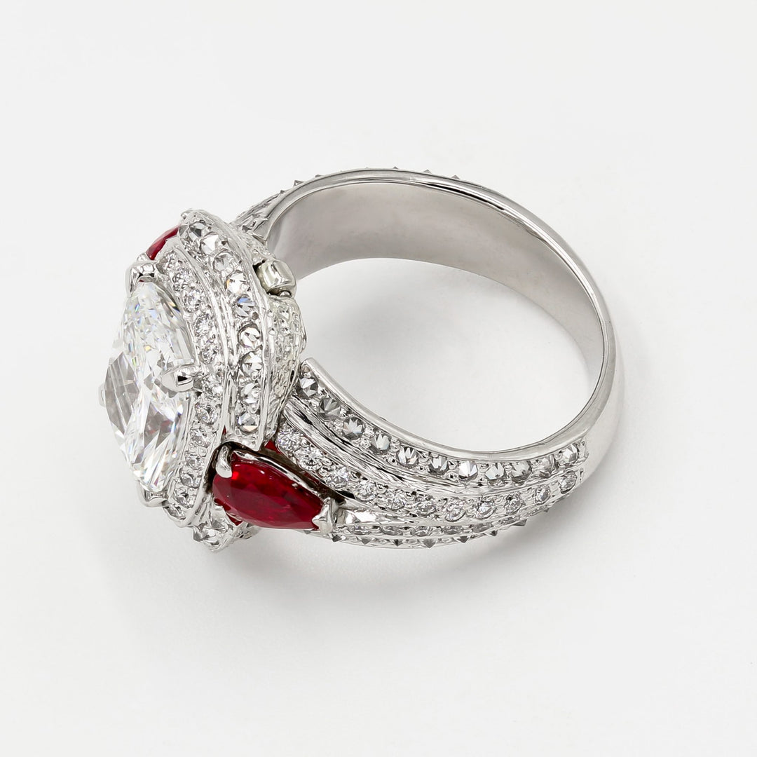 Image of Radiant Cut Diamond and Platinum Ring with Interchangable Red Stones Side