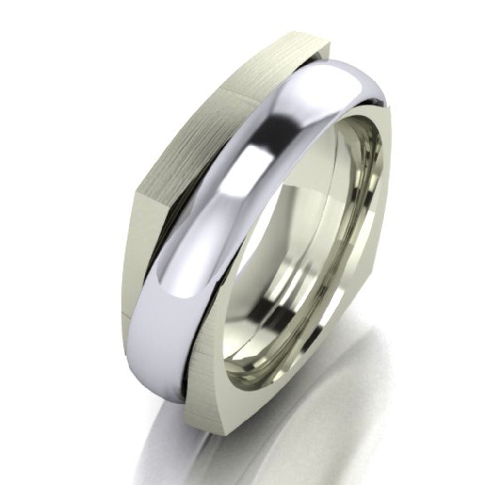 Men’s spinning wedding ring, modern fidget band with polished finish on white background
