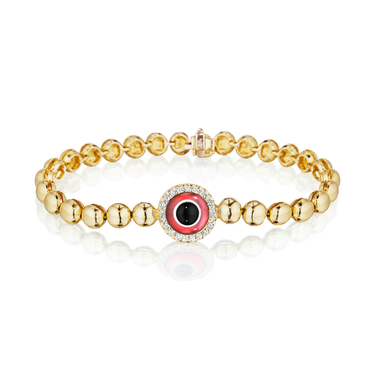 Yellow gold Eye of the Leopard bracelet with synthetic ruby center and diamond halo